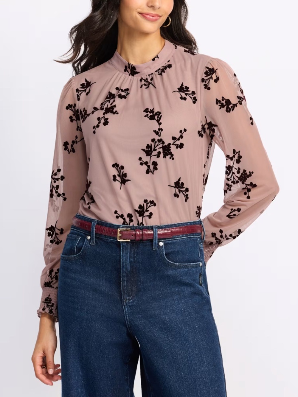 Daniel Rainn Pink Floral Velvet Mock Neck Top – Size Large